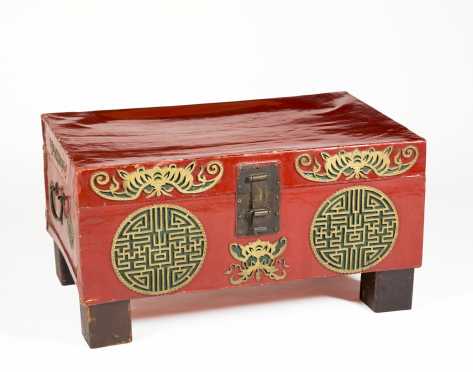Chinese Red Lacquer Pigskin Trunk