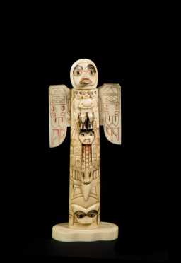Carved Raven Walrus Tusk Model Totem Pole