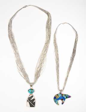 Two Liquid Silver Native American Necklaces with Pendants