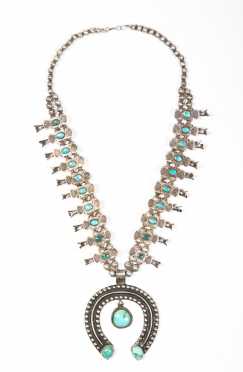 Native American Squash Blossom Necklace in Sterling Silver and Turquoise