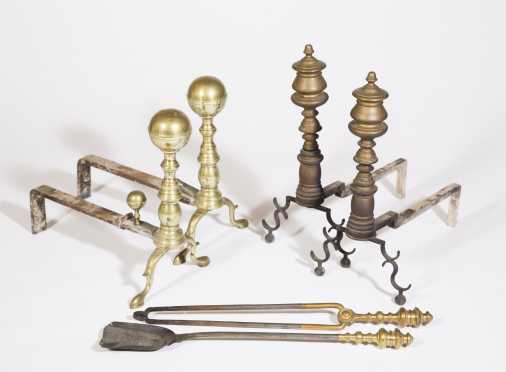 Two Pair of Federal Brass Andirons and Similar Fire Tools