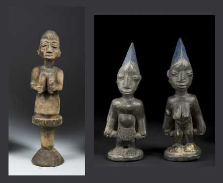 A Decorative Yoruba Eshu Wand and a Pair of Ibeji Figures