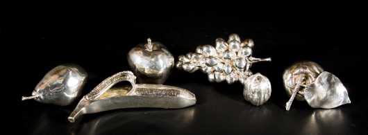 Six Sterling Silver Pieces of Fruit