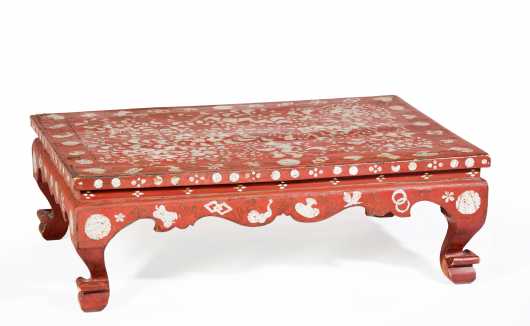 Chinese MOP and Wire Inlaid Red Resin Coated Low Table