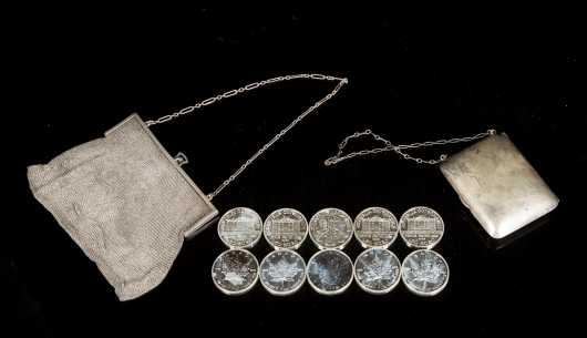 Silver Coins, Tiffany Purse and Silver Compact