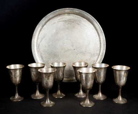 Sterling Silver Goblets and Hammered Tray
