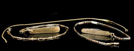 Two Yellow Gold Pocket Knives with Gold Chains