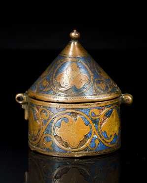 A Persian Metal and Enamel Decorated Dome Top Box