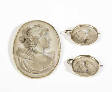 Silver and Lava Rock Cameo Pin and Earring Set