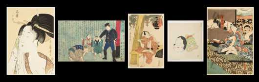 Two "Kabuki Actors" Japanese Block Prints and Three Others