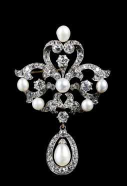 Diamond, Baroque Pearl and Gold Pendant Brooch
