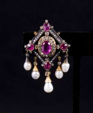 Red Spinel, Diamond and Pearl Brooch