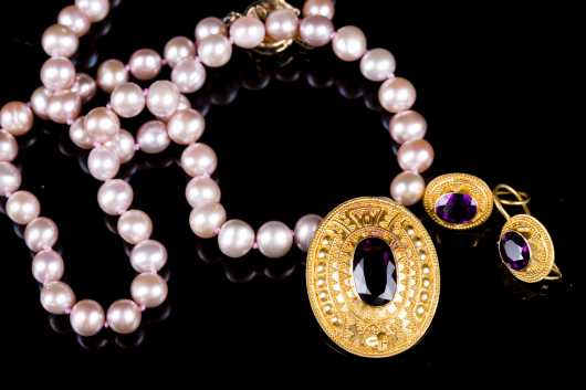 Pearl, Amethyst and 22kt, Marked Necklace and Earrings