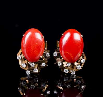 14kt Yellow Gold Diamond and Coral Ear Clips
