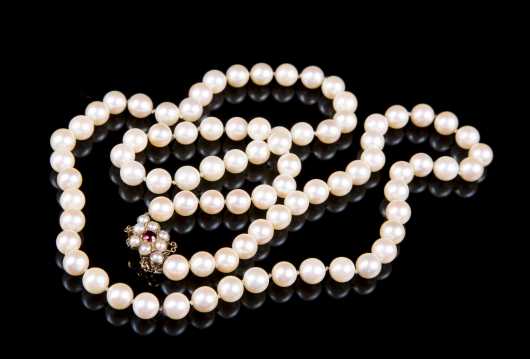 Long Strand of Pearls with Garnet and 9ct Clasp