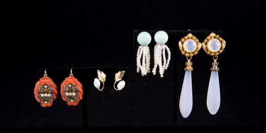 Lot of Four pairs Gold Earrings with Pearl, Coral, Turquoise and Hardstone