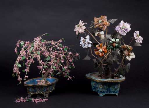 Two Chinese Jade Trees in Cloisonne Bases