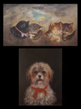 Two American Primitive Cats and Dog Paintings