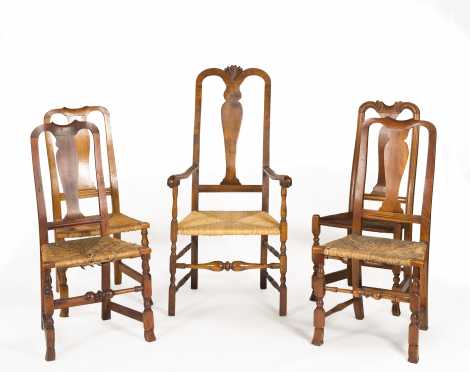 Five Queen Anne Rush Seat Chairs