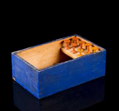 Blue Painted Shaker Box with Eight Thread Spools