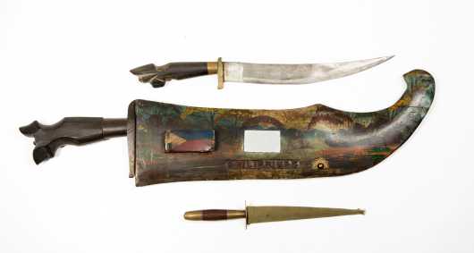 Philippines Decorated Machete Scabbard and Two Fighting Knives