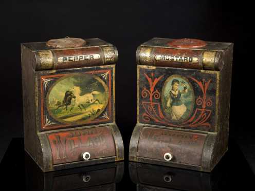 Two Country Store Tin Condiment Dispensers