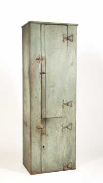 Important Blue Gray Painted Cupboard with Heart Wrought Iron Hinges