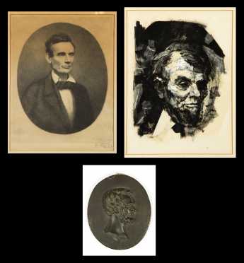 Two Renderings of Abraham Lincoln and One Bronze Plaque