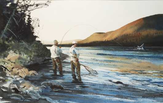 Chet Reneson Watercolor of Salmon Fishing