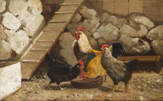 Scott Leighton, Oil on Canvas of a Rooster and his Hens