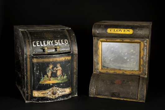 Two Tin Country Store Mirrored Spice and Celery Seed Dispensers