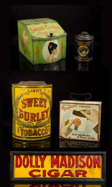 Five Country Store Tobacco Tin Dispensers, Cans and Sign