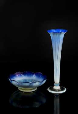 L.C. Tiffany Blue Vase and Scalloped Edge Bowl