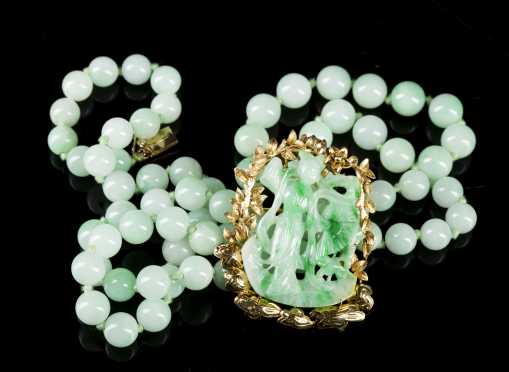 Pale Green Jade Beads and Carved Pendant