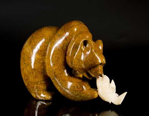 Inuit Carved Soapstone Bear Catching a Fish