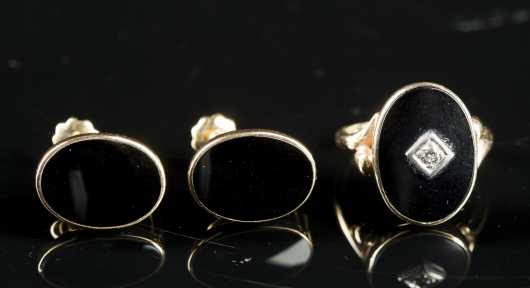 Onyx and Yellow Gold Ring and Earclips