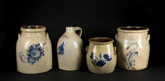 Four Blue Decorated Stoneware Pieces