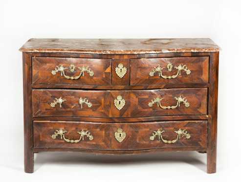 French 18thC Marble Top Serpentine Veneered Chest of Drawers