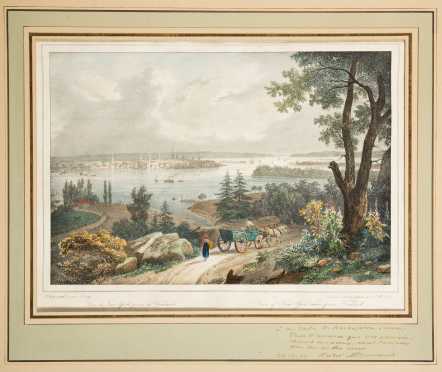Antique 1826 Hand Colored French Litho, View of NY,, Insc. to J.D. Rockefeller