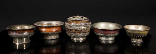 Five Early Tibetan Silver and Burl or Horn Bowls