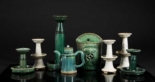 Lot of Eight Tibetan Pottery Lamps and Others