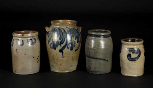 Four Stoneware Crocks with Blue Decoration