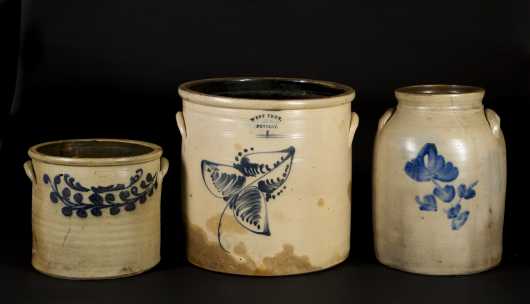 Three Stoneware Crocks with Blue Decoration