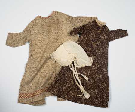 Two Early Large Size Doll Dresses and Early Bonnet