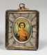 Silver Russian Icon and Saint Painted on Mother of Pearl in Silver Frame