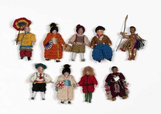 Nine German 1 1/2" All Bisque Dolls