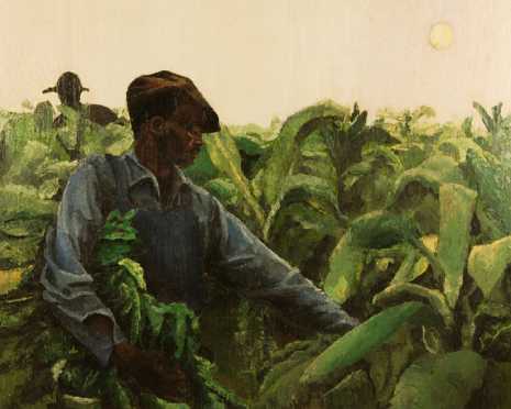 L.J. Lowgill, oil on panel of 2 African American men picking tobacco