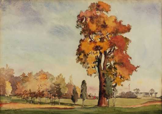 Waldo Park Midgley, watercolor  of a fall golf course scene