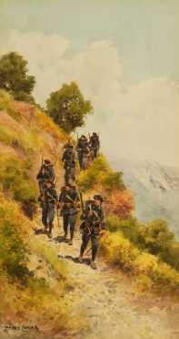 Pierre Comba, watercolor on paper "Chasseurs alpins" (mountain soldiers)