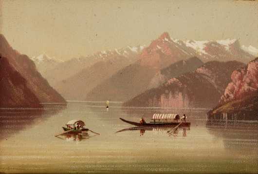 Miniature oil on artist's board landscape of an Alpine lake scene